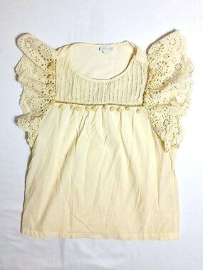 Jennifer & Grace Yellow Eyelet Blouse Boho Cottagecore Flutter Sleeve Size S